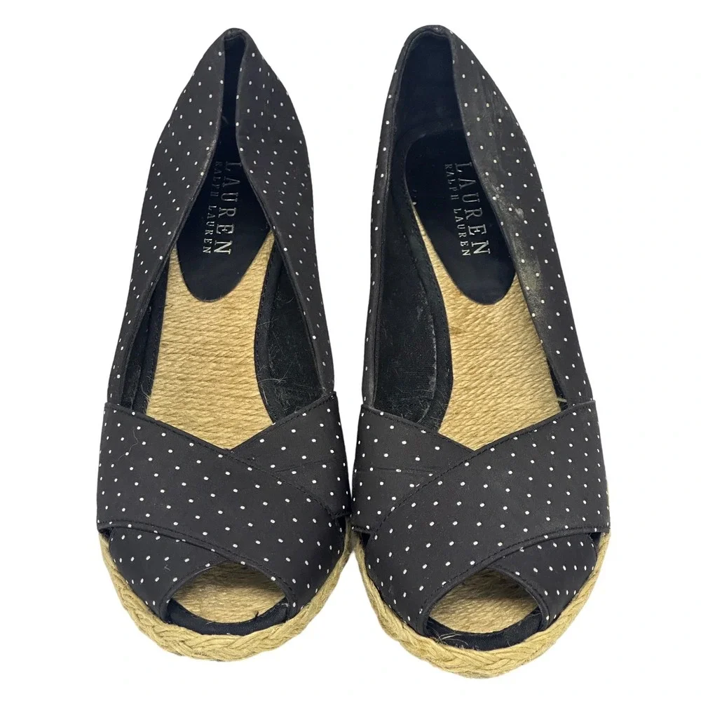 Lauren Ralph Lauren Espadrille Wedges Black Polka Dot Peep Toe Heels Size 8.5